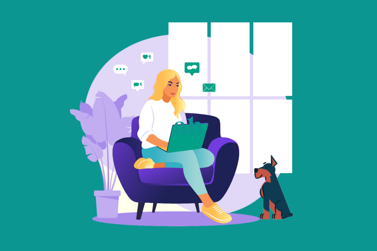 a graphic of a blonde woman sitting on a purple armchair working on a laptop with a dog at her feet